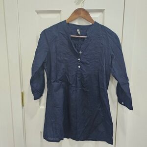 BARE DENIM Women Navy Blue 3/4 Sleeve Pintuck Tunic Top Size L
